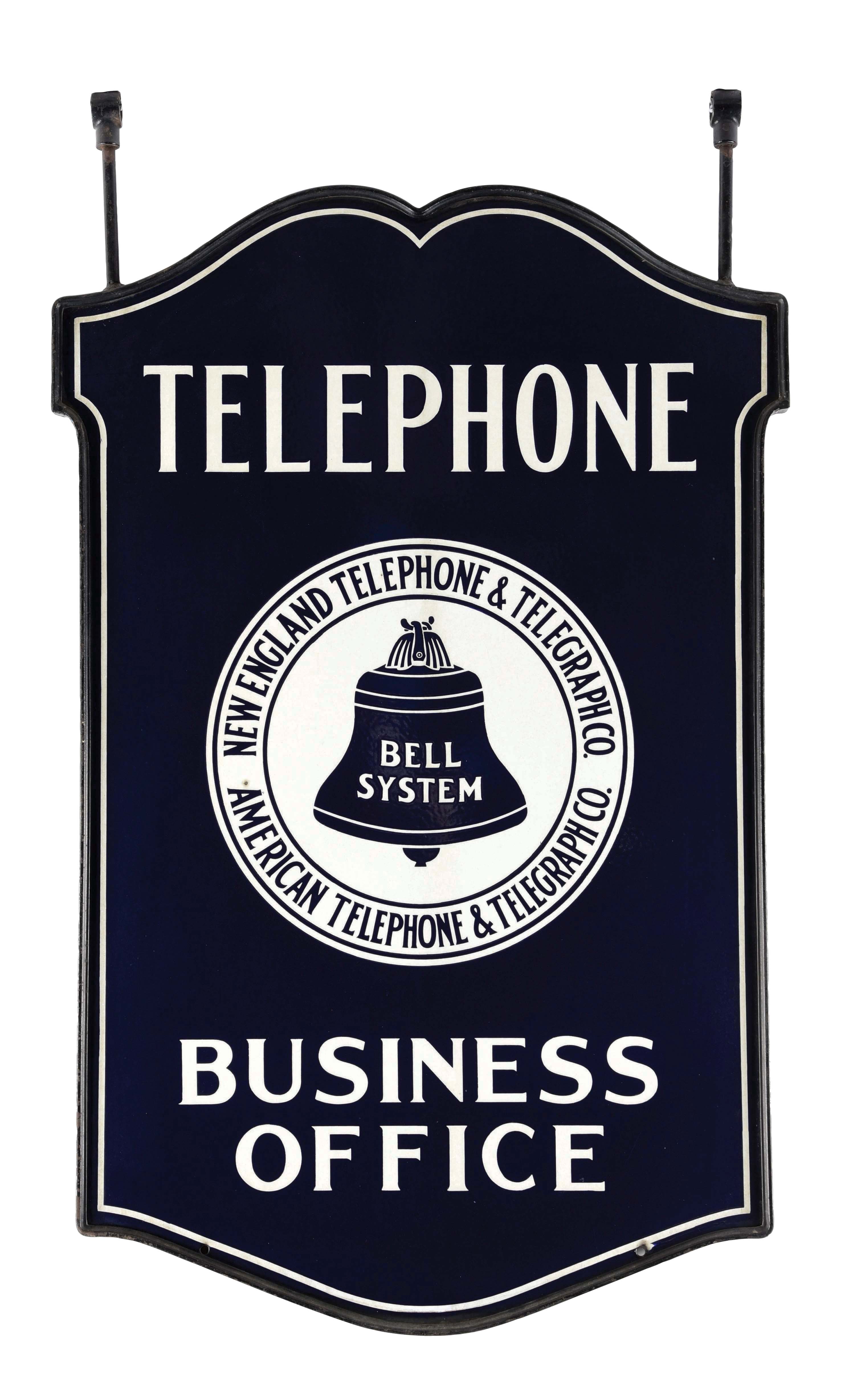 Telephone. Shop Sign Lot Detail - TELEPHONE BUSINESS OFFICE DOUBLE-SIDED PORCELAIN SERVICE SIGN.