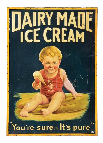 DAIRY MADE ICE CREAM EMBOSSED TIN SIGN W/ BABY AND ICE CREAM CONE GRAPHIC.