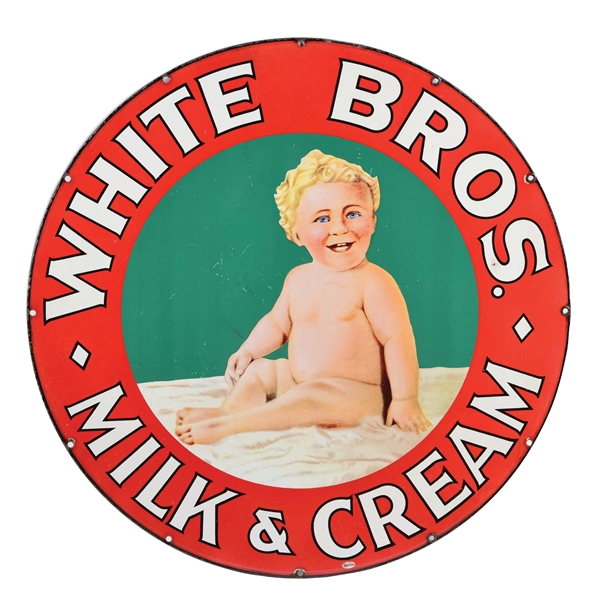 WHITE BROS MILK & CREAM PORCELAIN SIGN W/ CHILD GRAPHIC.