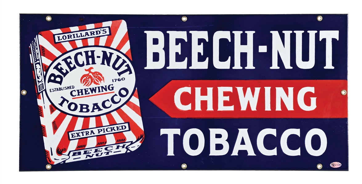 BEECH-NUT CHEWING TOBACCO PORCELAIN SIGN W/ TOBACCO PACK GRAPHIC.