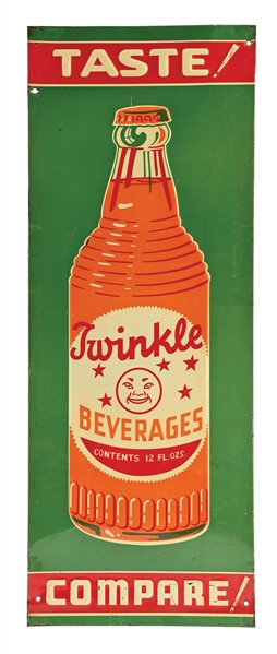 TWINKLE BEVERAGES EMBOSSED TIN SIGN W/ BOTTLE GRAPHIC.