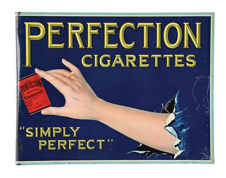 PERFECTION CIGARETTES PAINTED METAL FLANGE SIGN.