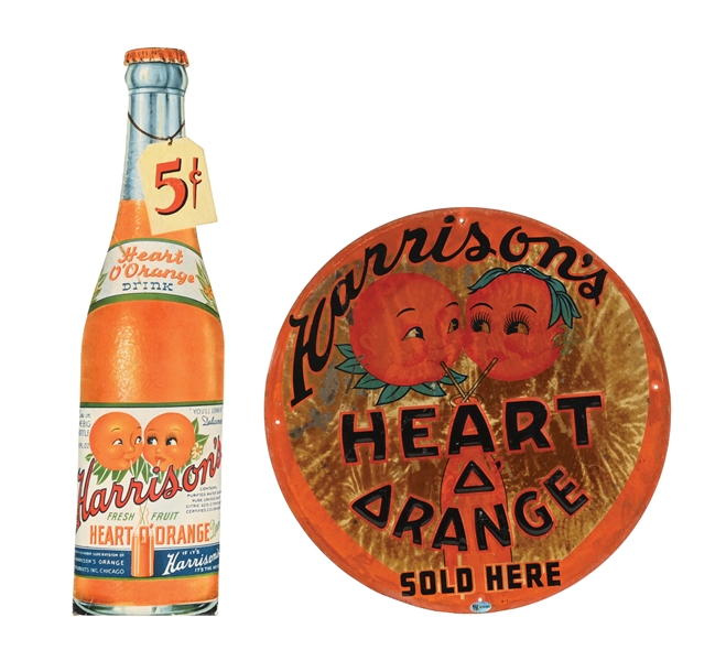 COLLECTION OF 2 HARRISONS HEART-O-ORANGE ADVERTISING SIGNS.