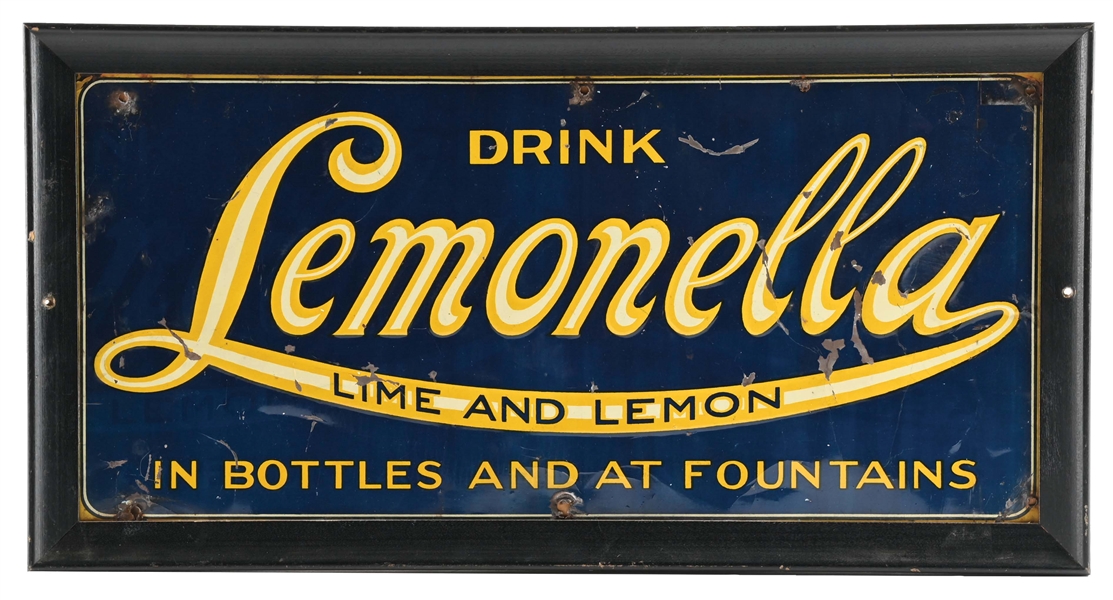 DRINK LEMONELLA LIME AND LEMON EMBOSSED TIN SIGN W/ ADDED FRAME.