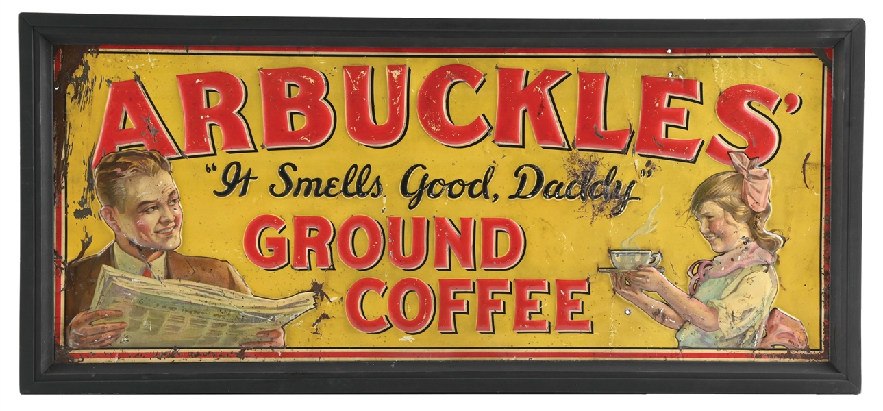 ARBUCKLES GROUND COFFEE EMBOSSED TIN SIGN W/ ADDED FRAME.