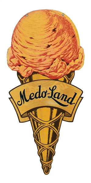 MEDO-LAND ICE CREAM DOUBLE-SIDED DIE-CUT PAINTED METAL SIGN.