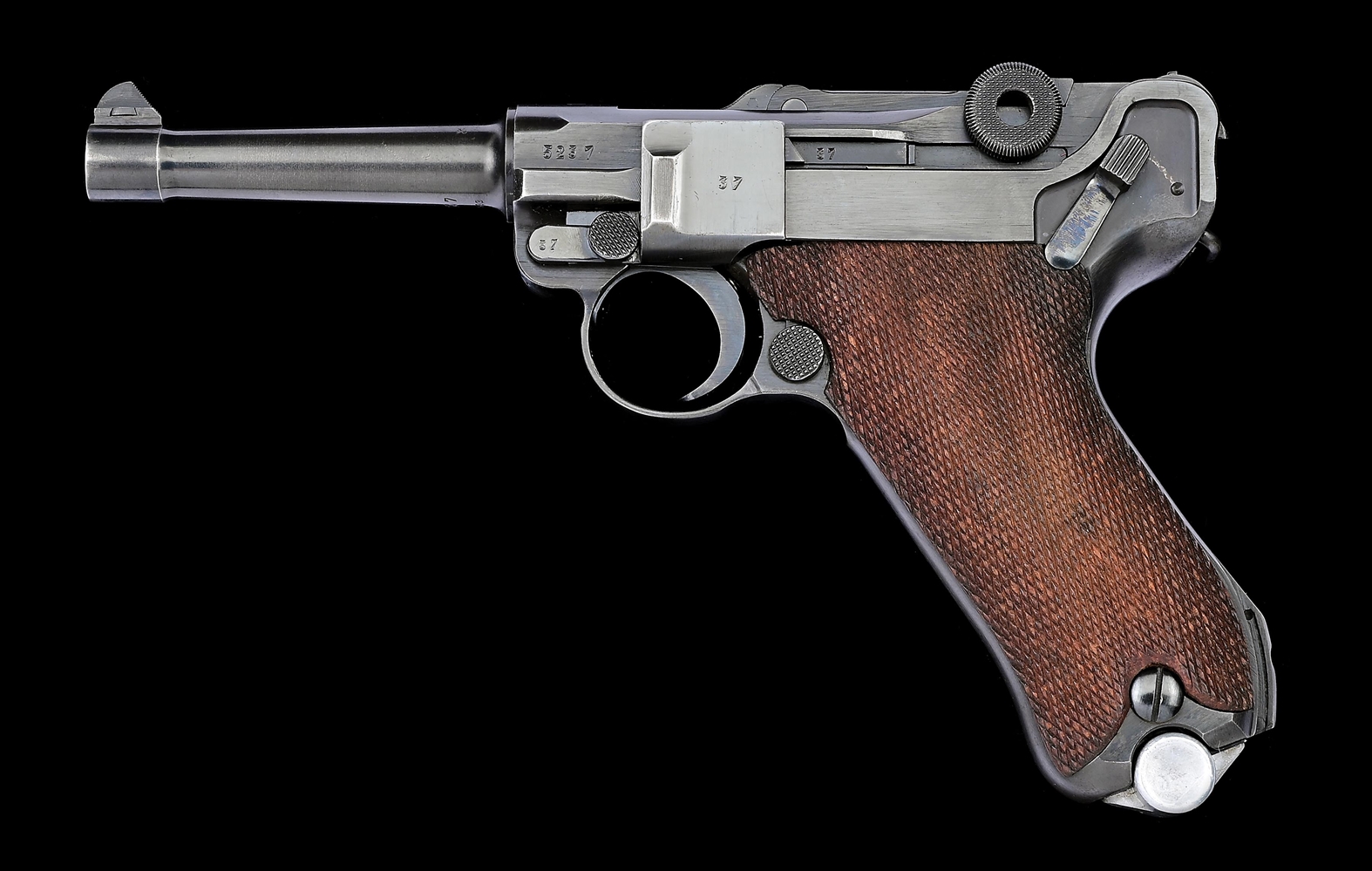 (C) EXCEPTIONAL GERMAN PRE-WORLD WAR II MAUSER "S/42" CODE "1938" DATE P.08 LUGER WITH HOLSTER & SPARE MATCHING MAGAZINE.