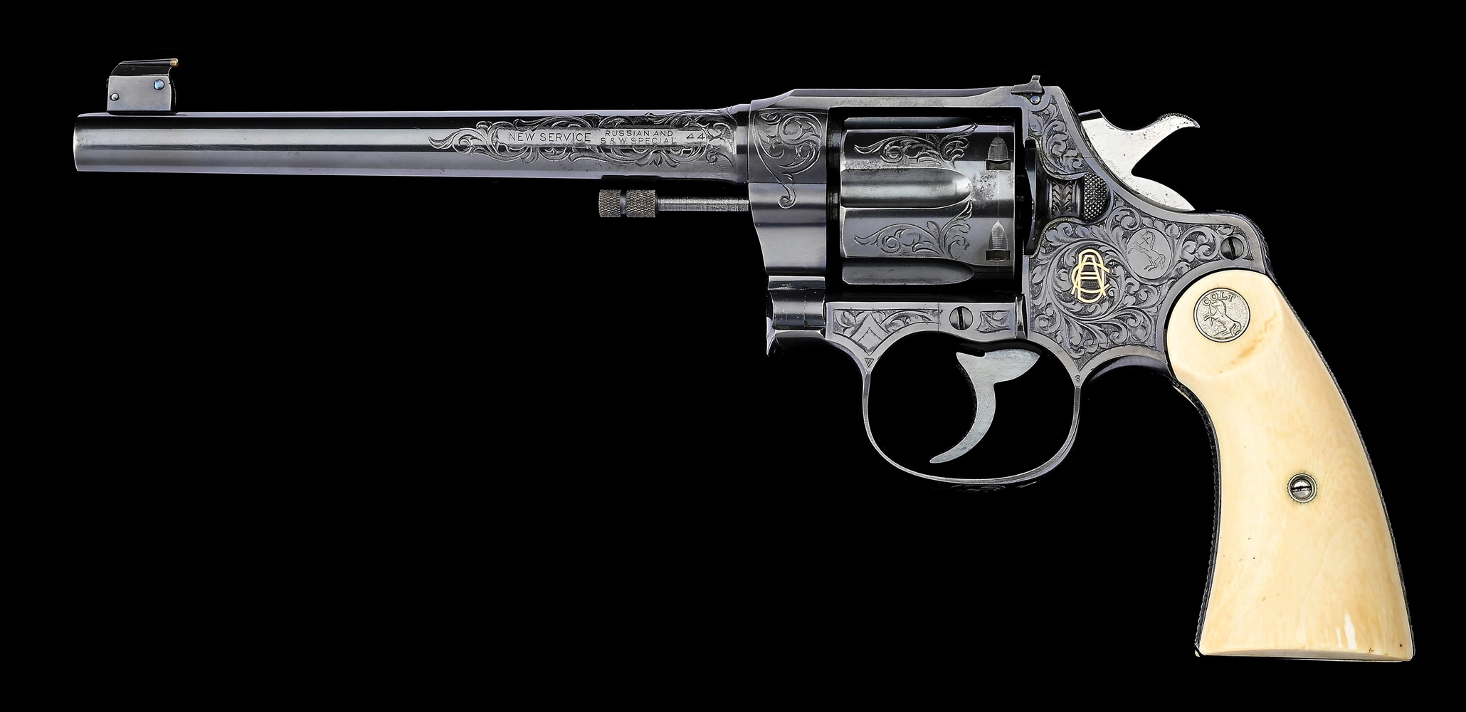 (C) BEAUTIFUL, EXTREMELY SCARCE, FACTORY ENGRAVED AND GOLD INLAID, COLT NEW SERVICE TARGET DOUBLE ACTION REVOLVER WITH A FACTORY LETTER (1927).