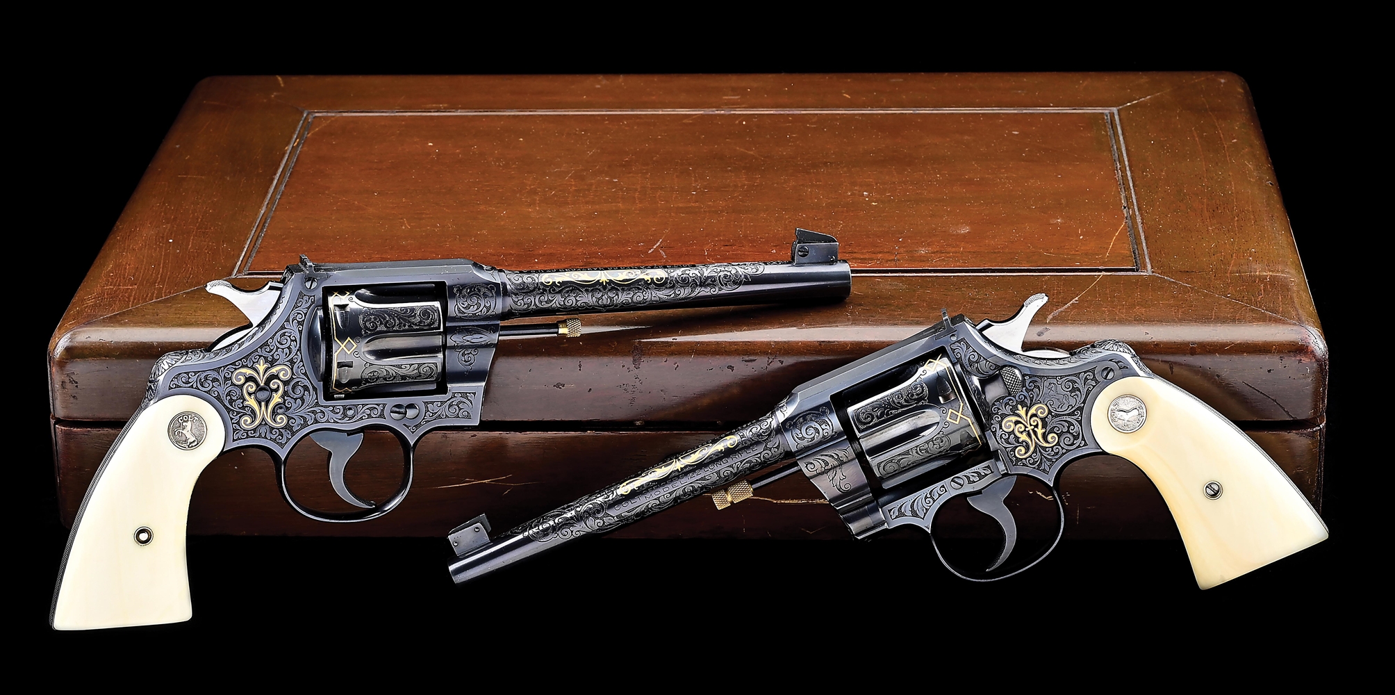 (C) PROFOUNDLY RARE PAIR OF EXHIBITION ENGRAVED & GOLD INLAID COLT OFFICERS MODEL DOUBLE ACTION REVOLVERS WITH DELUXE FRENCH STYLE CASE & FACTORY LETTERS, IN MAGNIFICENT CONDITION.