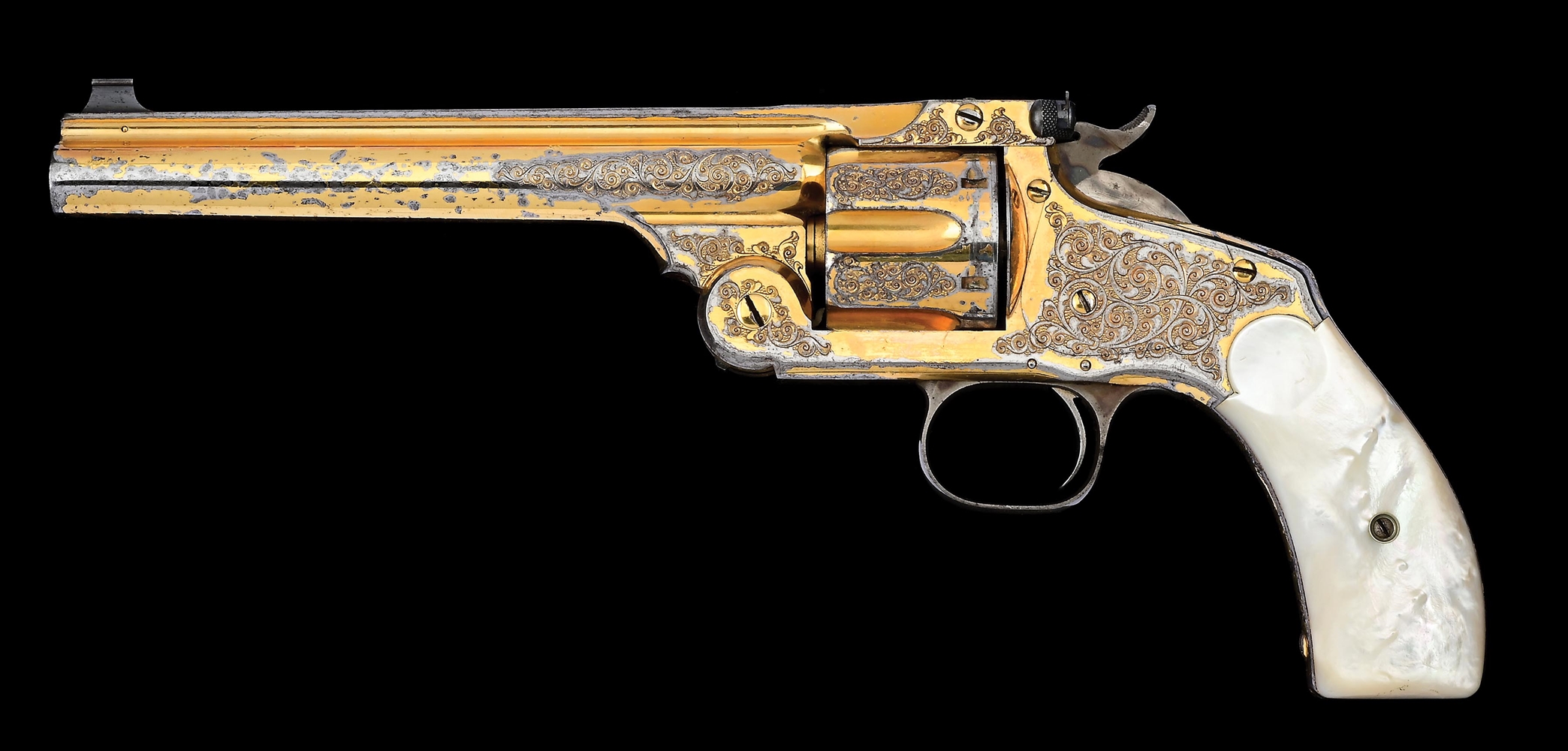 (A) FACTORY GOLD PLATED & ENGRAVED SMITH & WESSON NEW MODEL NO. 3 SINGLE ACTION REVOLVER WITH FACTORY LETTER & MOTHER OF PEARL GRIPS.
