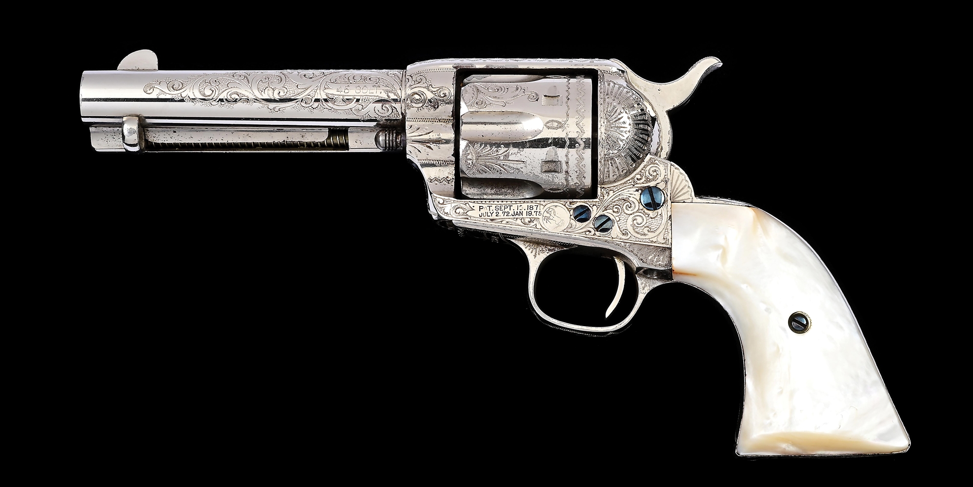 (A) FABULOUS COLT FACTORY ENGRAVED & NICKEL PLATED SINGLE ACTION ARMY REVOLVER WITH MOTHER OF PEARL GRIPS & FACTORY LETTER.