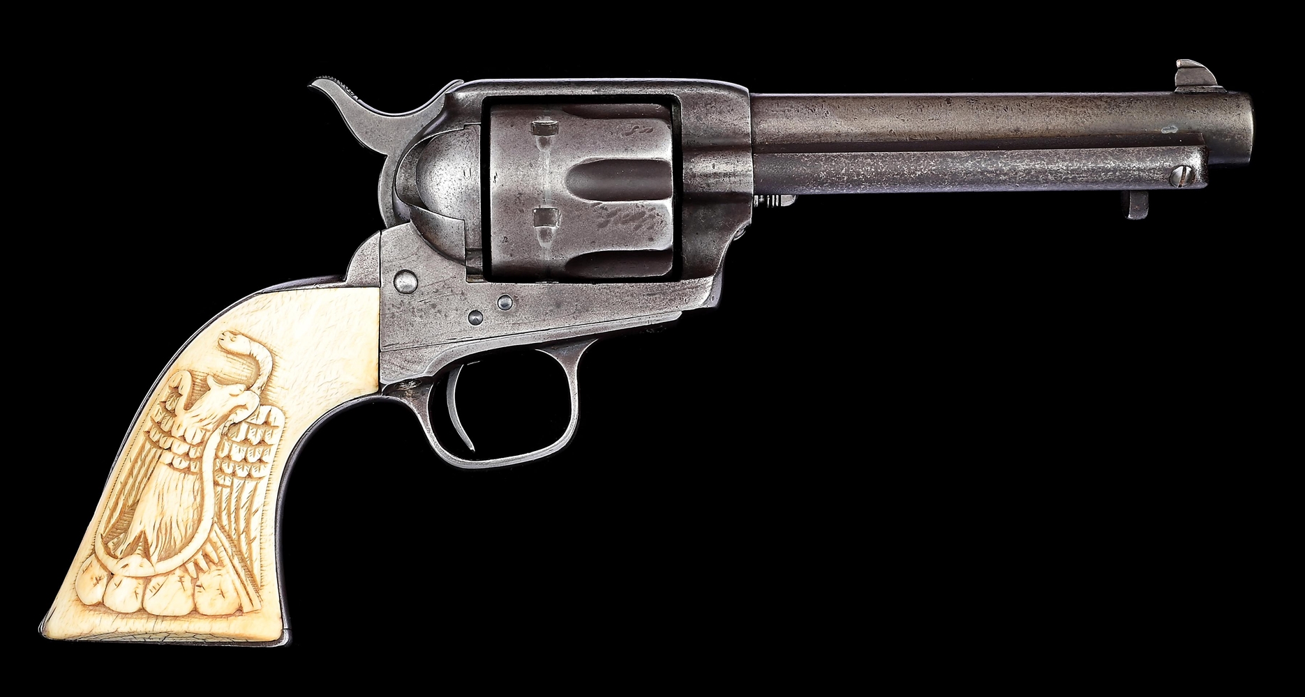 (A) COLT SINGLE ACTION ARMY REVOLVER WITH CARVED IVORY MEXICAN COAT OF ARMS GRIPS, HOLSTER, & FACTORY LETTER. 