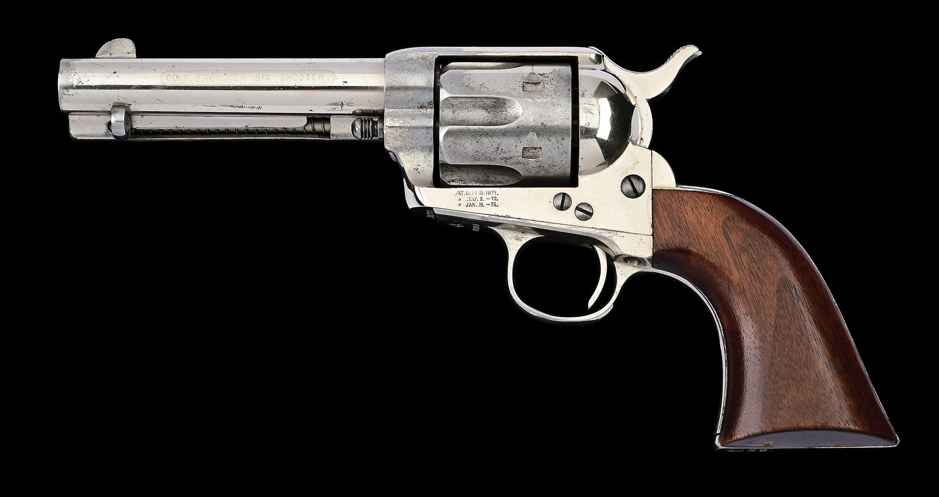 (A) EXCELLENT NICKEL PLATED ETCHED PANEL COLT SINGLE ACTION ARMY FRONTIER SIX SHOOTER REVOLVER WITH FACTORY LETTER (1886).