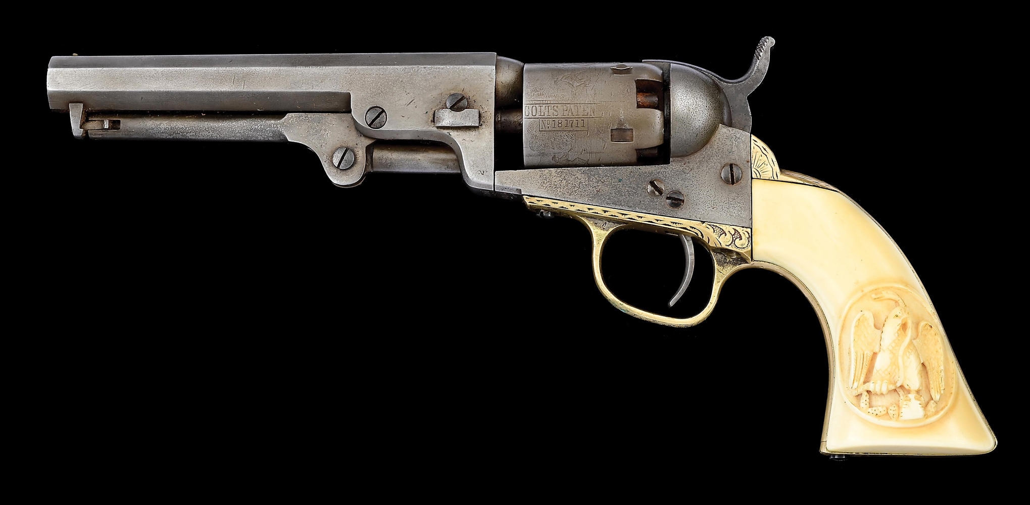 (A) COLT MODEL 1849 POCKET SINGLE ACTION REVOLVER WITH CARVED IVORY MEXICAN COAT OF ARMS GRIPS & HOLSTER.