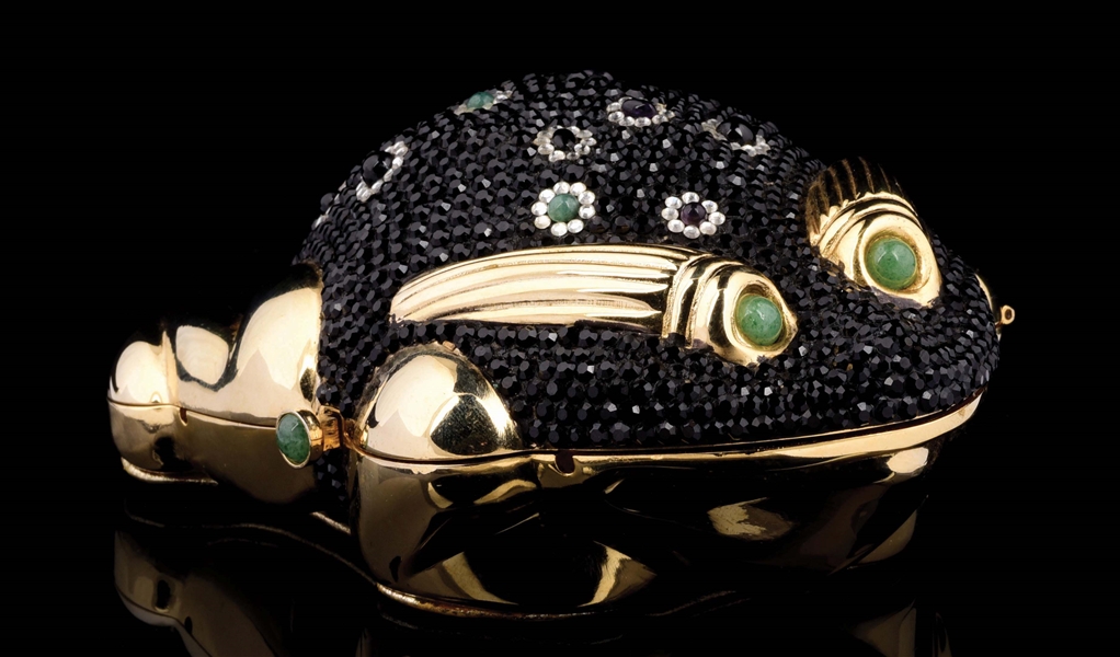 JUDITH LEIBER JEWELED FROG MINAUDIERE CLUTCH PURSE.