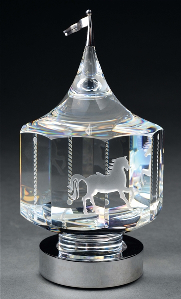 STEUBEN CRYSTAL GLASS CAROUSEL IN ORIGINAL BOX.