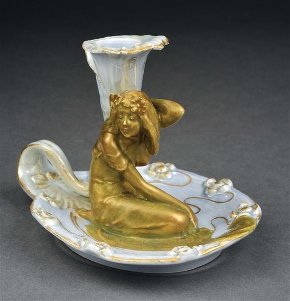 ERNST WAHLISS ART NOUVEAU PORCELAIN CHAMBERSTICK W/ KNEELING WOMAN SURROUNDED BY FLOWERS.