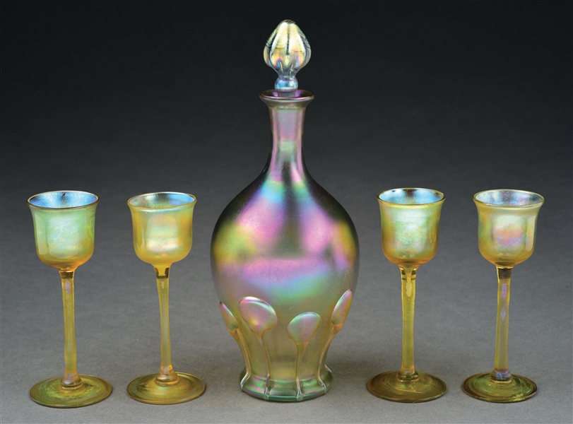 TIFFANY STUDIOS FAVRILE GLASS DECANTER & 4 GOBLETS SET.