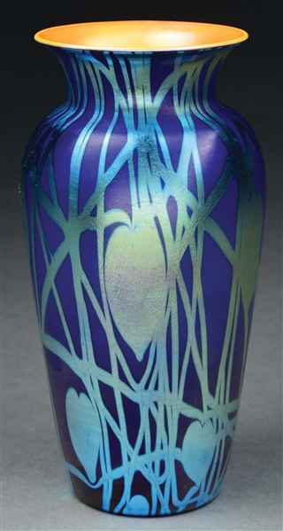 M. A. BACH IRIDESCENT BLUE LEAF & VINE ART GLASS VASE.