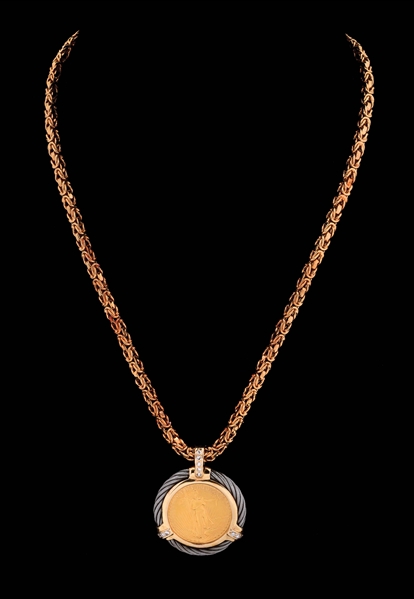 14K BYZANTINE NECKLACE W/1986 $10 US GOLD EAGLE COIN PENDANT W/DIAMONDS. 