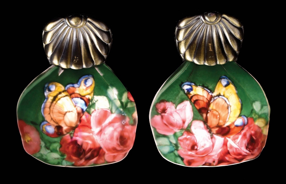 PAIR OF PAIRPOINT REVERSE PAINTED BUTTERFLY SCONCES.