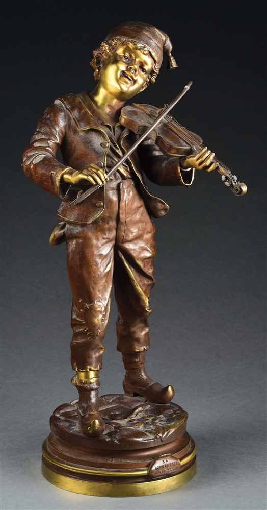 19TH CENTURY YOUNG BOY PLAYING VIOLIN BRONZE SCULPTURE.