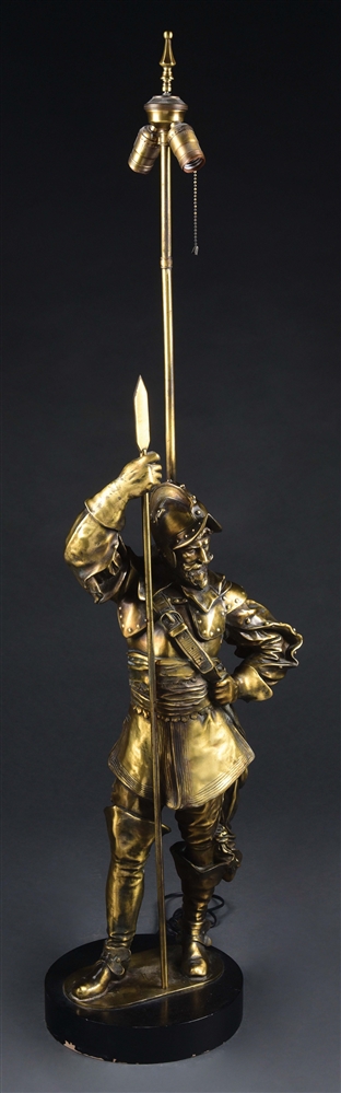 FRENCH LARGE BRONZE CONQUISTADOR STATUE LAMP W/ GOLDEN PATINA.