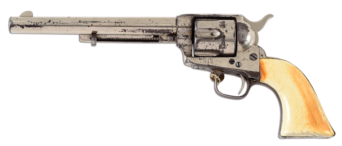 (A) COLT SINGLE ACTION ARMY WITH NICKEL FINISH AND IVORY GRIPS.