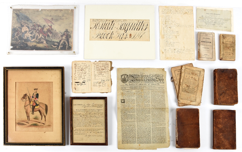 LOT OF MISCELLANEOUS 18TH AND 19TH CENTURY EPHEMERA INCLUDING BOOKS, MILITIA DOCUMENTS, AND ENGRAVINGS.