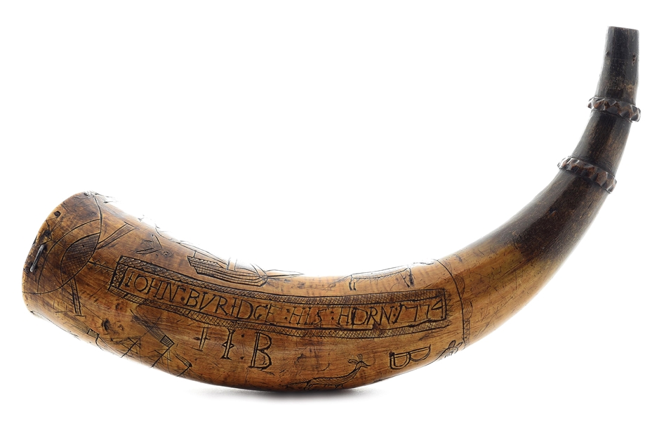 JOHN BURRIDGES 1774 ENGRAVED REVOLUTIONARY WAR POWDER HORN