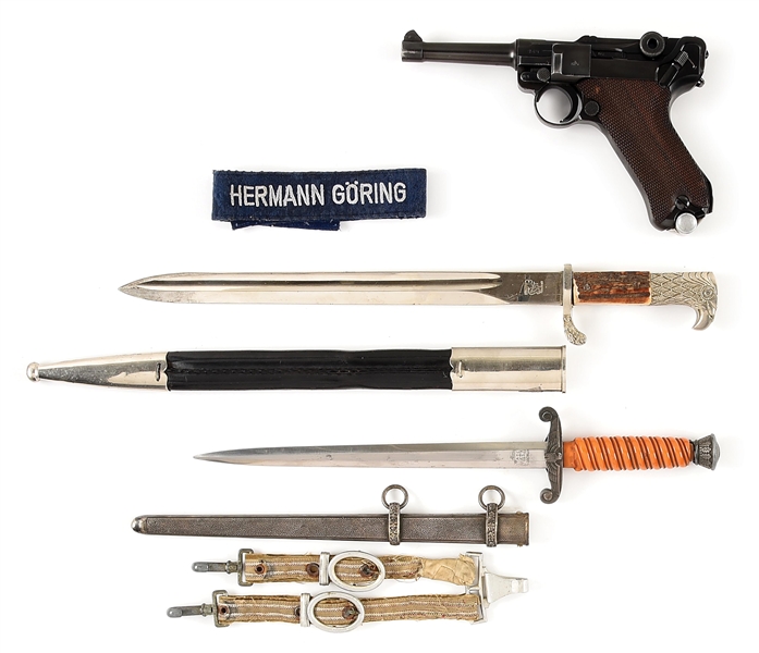 (C) GERMAN PRE-WAR MAUSER "S/42" CODE "1938" DATE P.08 LUGER WITH HOLSTER, POLICE DRESS DAGGER, HEER DAGGER, & HERMAN GORING CUFF TITLE.