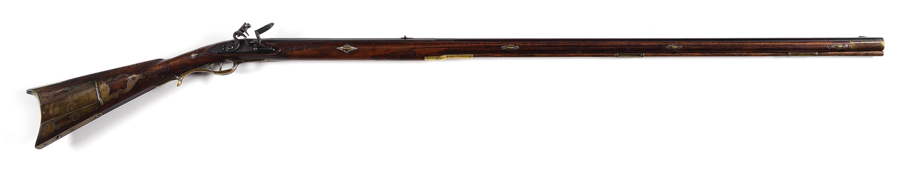 (A) JOHN ARMSTRONG SIGNED FLINTLOCK KENTUCKY RIFLE MASTERFULLY STOCKED BY LOUIE PARKER.