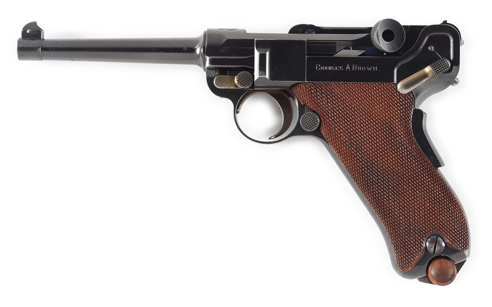 (C) VERY NICE EARLY PRODUCTION DWM MODEL 1900 AMERICAN EAGLE LUGER INSCRIBED TO "CHARLES A. BROWN" WITH LEATHERETTE CASE.