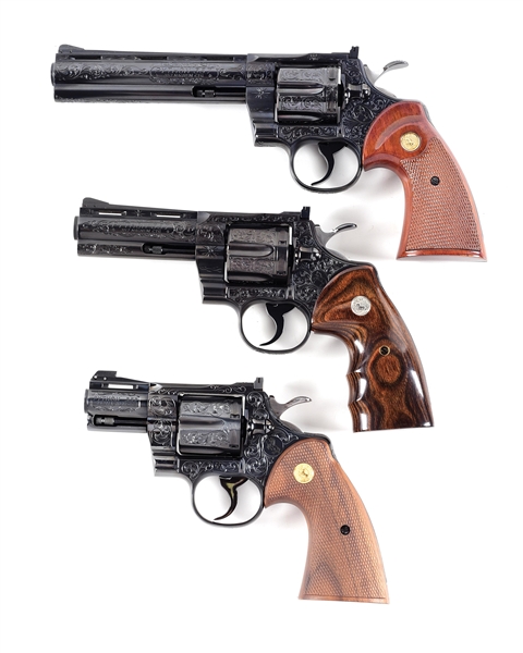 (M) A TRIO OF COLT PYTHON REVOLVERS ENGRAVED BY MIKE SAWMILLER, IN 2", 4", AND 6" CONFIGURATIONS.