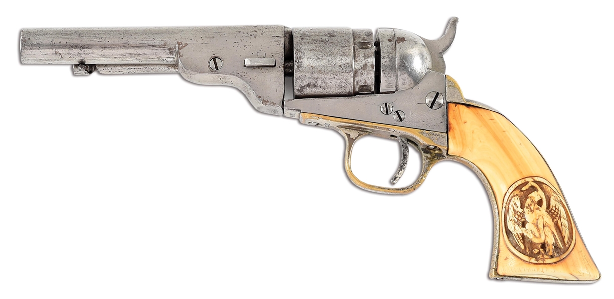 (A) COLT MODEL 1849 RICHARDS-MASON CONVERSION REVOLVER WITH MEXICAN COAT OF ARMS RELIEF CARVED IVORY GRIPS.