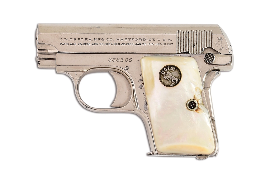 (C) NICKEL PLATED COLT MODEL 1908 VEST POCKET PISTOL WITH PEARL GRIPS.