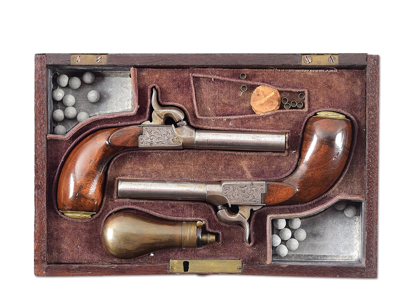 (A) CASED PAIR OF BELGIAN PERCUSSION DOUBLE BARREL MUFF PISTOLS.