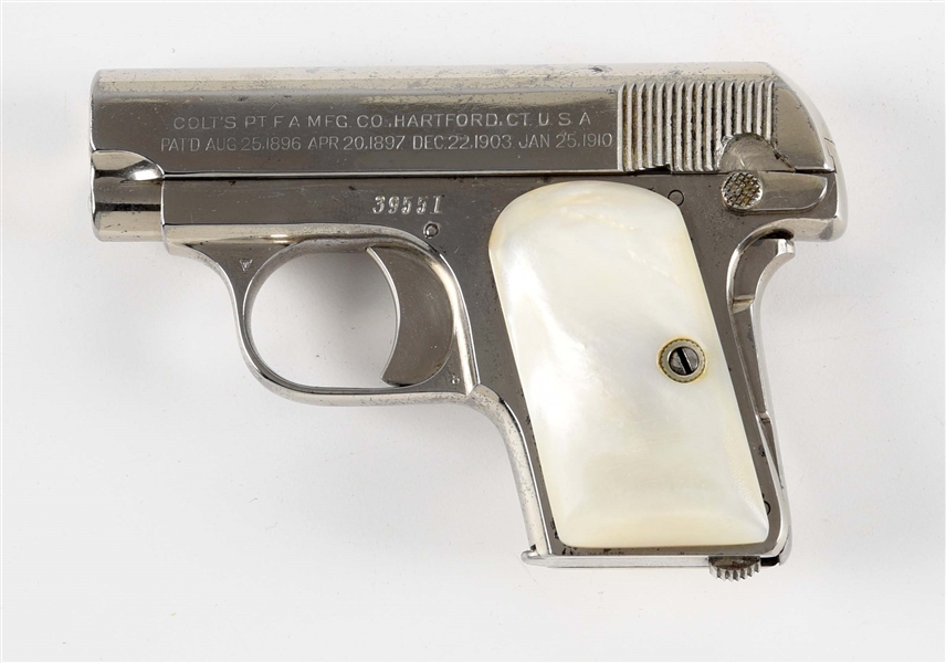 (C) NICKEL PLATED COLT MODEL 1908 VEST POCKET SEMI-AUTOMATIC PISTOL WITH PEARL GRIPS (1910).
