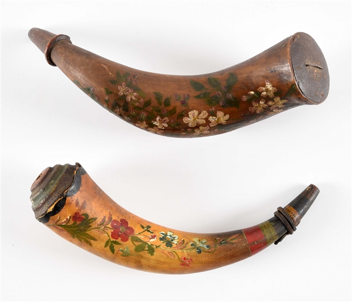 LOT OF 2 PAINTED POWDER HORNS. 