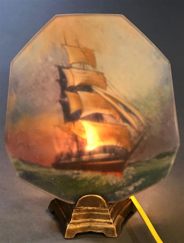 PAIRPOINT REVERSE PAINTED CLIPPER SHIP TV LAMP.