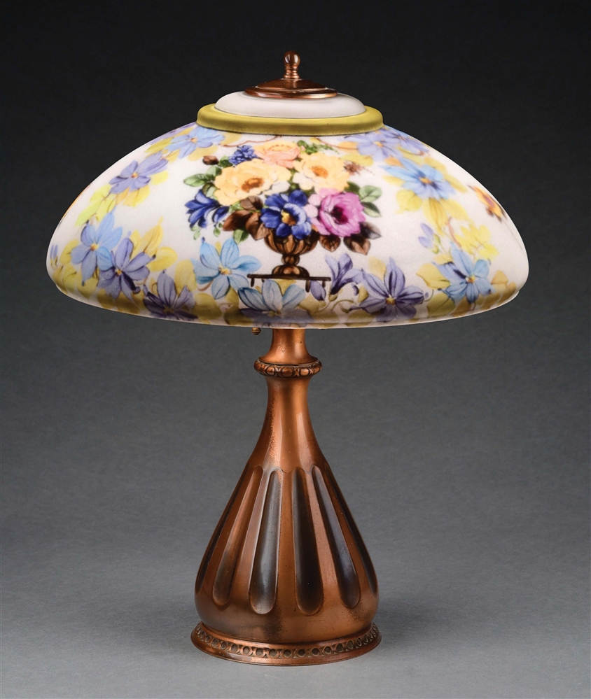 PAIRPOINT REVERSE PAINTED FLORAL TABLE LAMP.