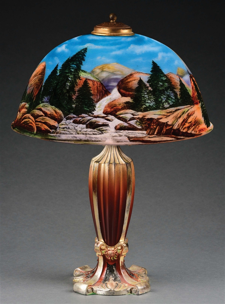 PITTSBURGH REVERSE PAINTED MOUNTAIN SCENE TABLE LAMP.