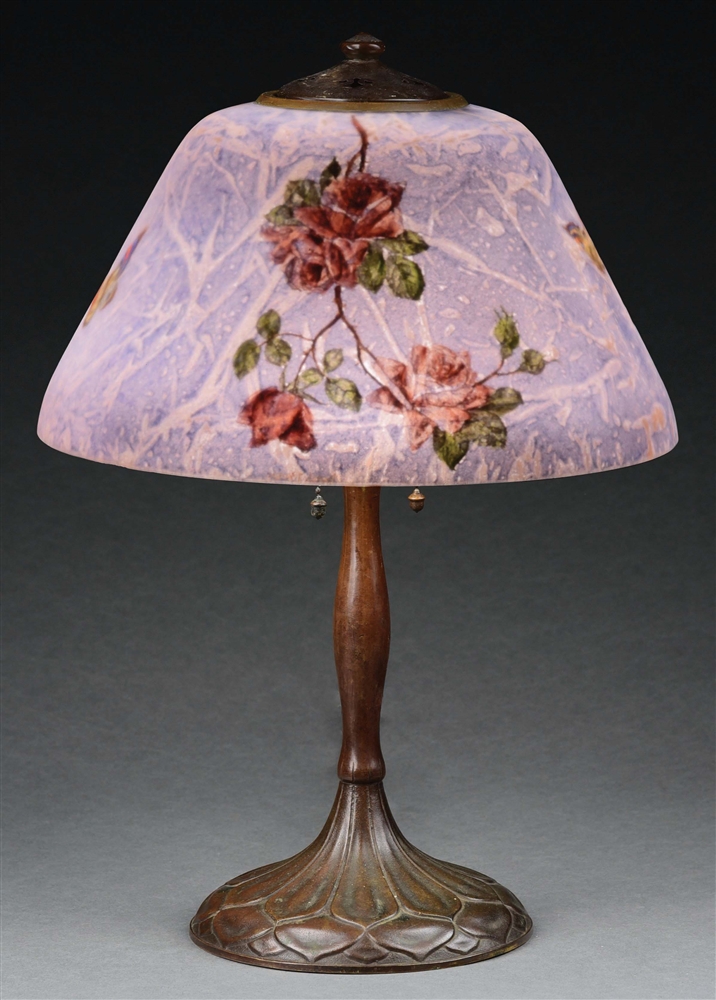 HANDEL REVERSE PAINTED BUTTERFLY & ROSE TABLE LAMP.