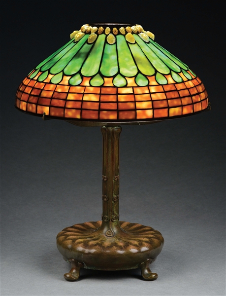 TIFFANY STUDIOS JEWELED FEATHER LEADED GLASS TABLE LAMP.