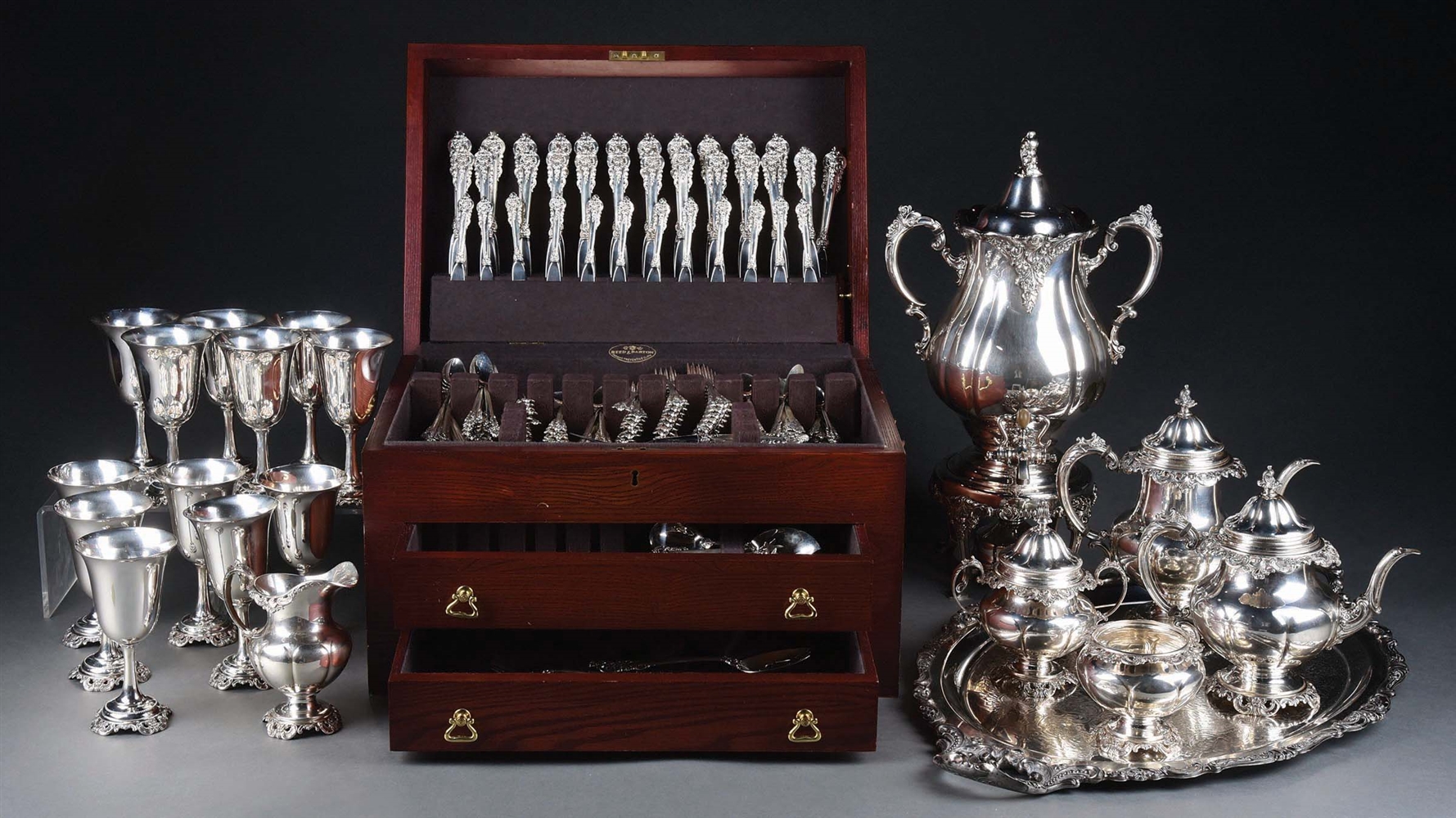 STERLING SILVER WALLACE GRANDE BAROQUE 177-PIECE STERLING SILVER LUNCH AND DINNER FLATWARE & TEA SET W/ 3-TIER CHEST.