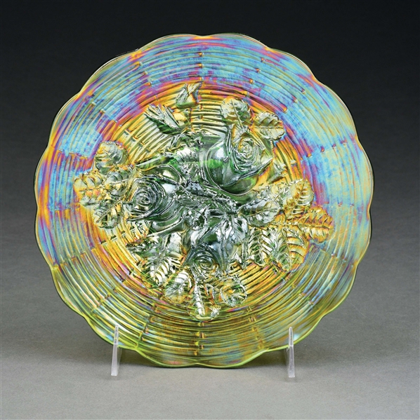 NORTHWOOD CARNIVAL GLASS GREEN ROSESHOW PLATE.