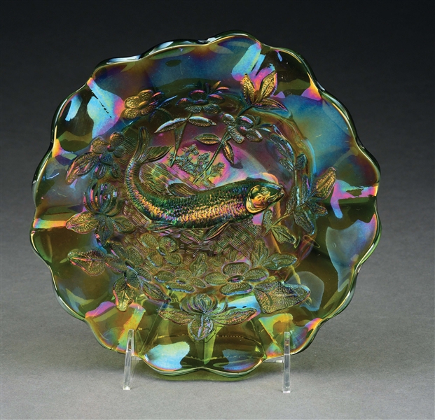 MILLERSBURG CARNIVAL GLASS RADIUM GREEN BIG FISH BOWL.