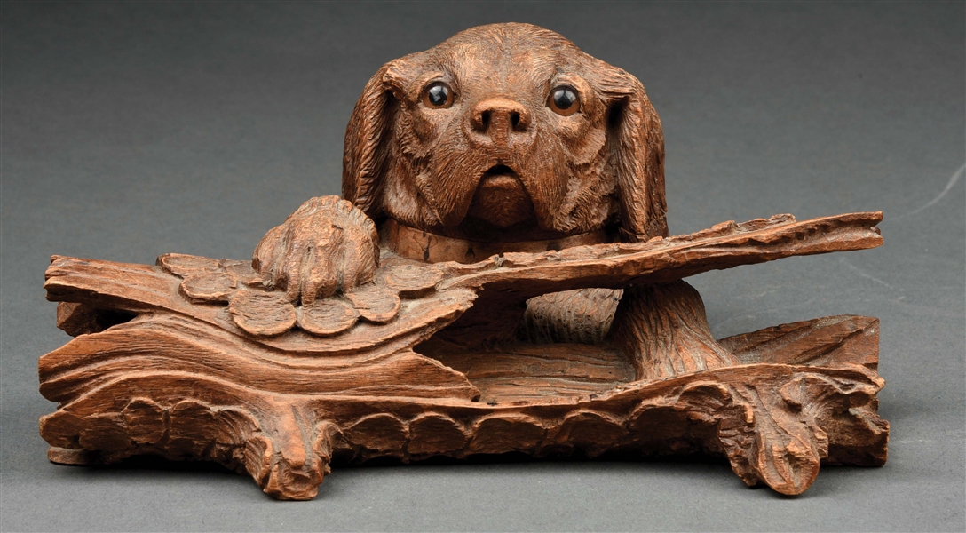 BLACK FOREST SPANIEL DOG ON LOG PEN REST WITH INKWELL.