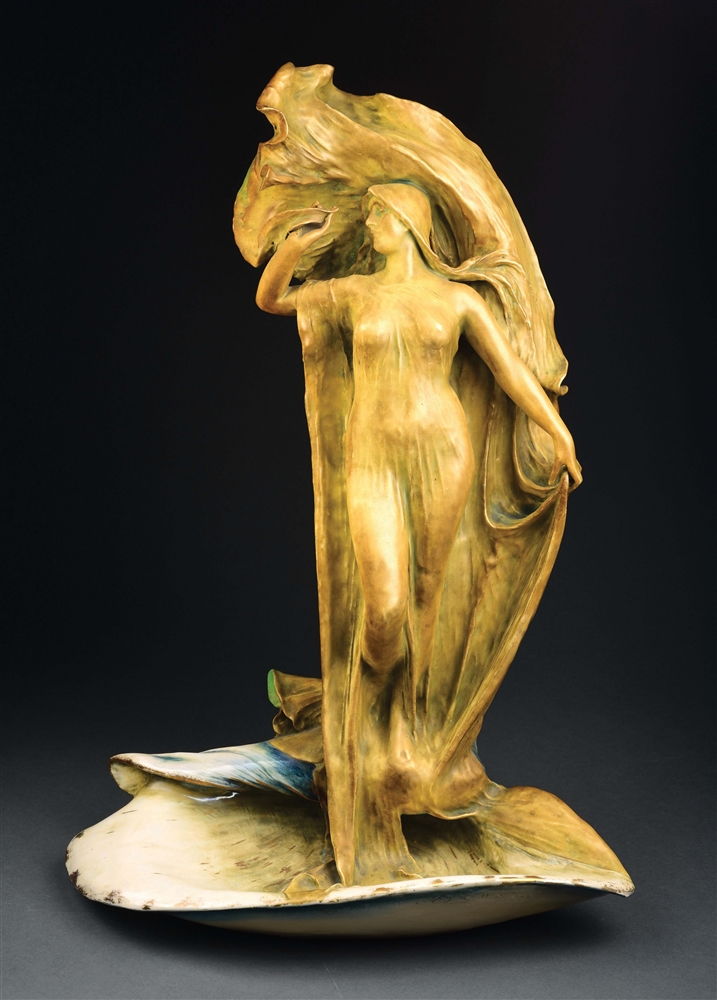 MONUMENTAL AMPHORA FIGURAL ART NOUVEAU MAIDEN ON A STYLIZED CONCH SHELL.