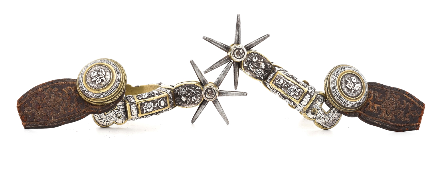 GRAND 1870S MEXICAN SPURS WITH SILVER REPOUSSE